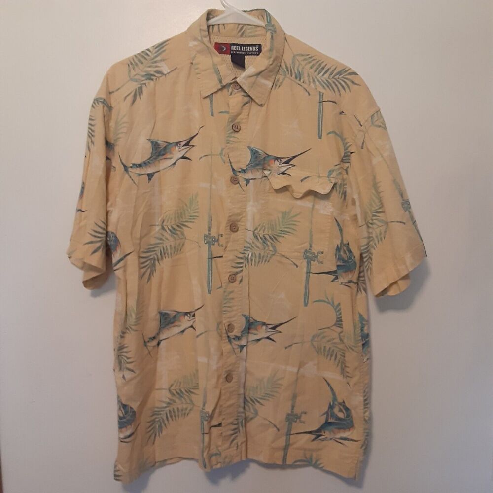 Reel Legends Adult Mens L Vented Floral Fish Print Short Sleeve Shirt Outdoor